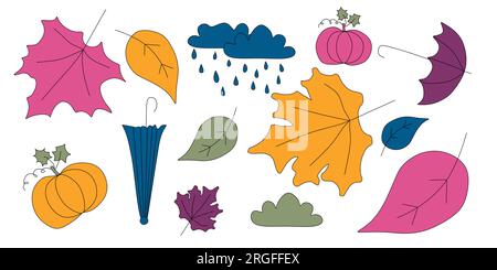 Set of Autumn elements. Weather seasonal Vecor collection for design. Hand draw art with leaves, pumpkin, umbrella, maple leaf, rain, cloud. Icon set Stock Vector