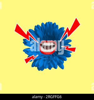 Creative artwork. Contemporary collage of talking, screaming mouth with red lips inside blue flower with red zippers against pastel yellow background. Stock Photo
