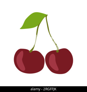 Flat style cherry with leaf. Vector color illustration isolated on white background. Sweet fresh Fruit icon. Hand drawn Design element for logo. Stock Vector
