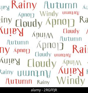 Autumn words seamless pattern. Colorful Vector text isolated on white background. Season weather Cloudy, Rainy, Windy for print, textile, fabric, Wrap Stock Vector