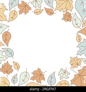 Square botany Linear Frame with Copy space. Vector foliage border. Pastel color leaves with Space for text isolated on white. Hand drawn illustration Stock Vector