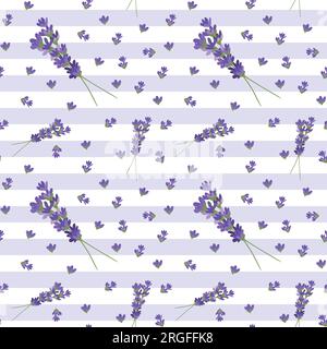 Seamless pattern with Lavender flowers and branches. Endless violet floral background with stripes. Holiday wrapping paper, Provence wedding style. Stock Vector