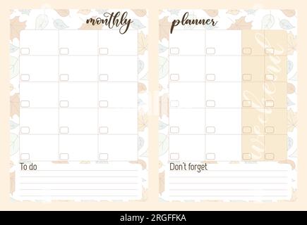 Montly Planner Printable template. Vector Notebook botanical pattern in pastel colors. Horizontal orientation sheet for Diary, Schedule, Journal Stock Vector