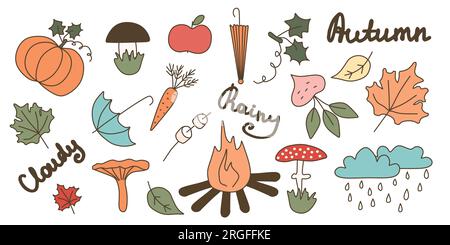 Flat Set of Autumn elements. Vector illustration. Warm pastel Cartoon collection of desing elements. Seasonal clipart with leaves, mushroom, umbrella Stock Vector