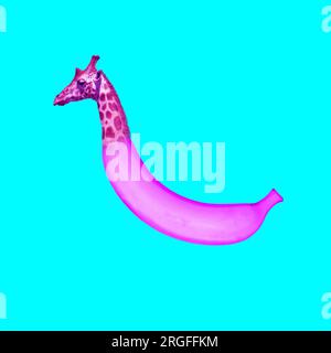 Contemporay art collage. Giraffe turns into banana. Tropical fruits and animals. Modern food concept. Stock Photo