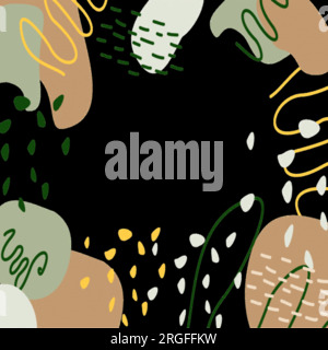 Hand-drawn various shapes and doodles on black. Modern contemporary trendy vector illustration. Pastel natural colors brown, green, yellow Stock Vector