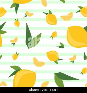 Seamless flat lemon pattern. Citrus fruit and mint stripes. Vector summer and mojito endless background. Fabric or wrapping paper template. Stock Vector