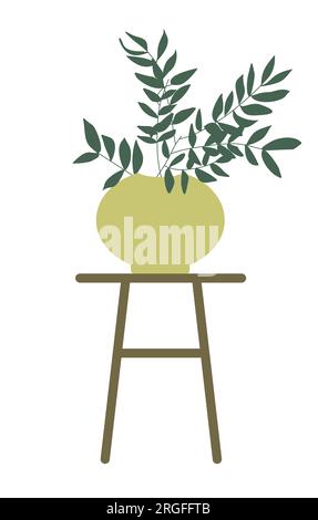 Flowerpot standing on wooden table or chair. Vector flat style illustration with botanical and interior elements isolated on white background. Stock Vector