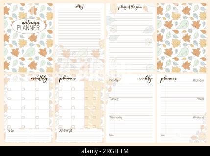 Set of Weekly or Mothly planner, Notes template with Falling leaves, Autumn foliage, cozy style. Collection Trendy pages in floral design. Editable Stock Vector