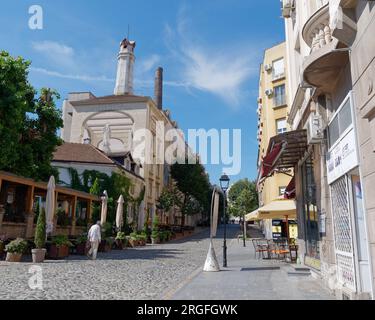 The famous bohemian cobbled Skadarlija street with cafes and restaurants in the city of Belgrade, Serbia. August 9, 2023. Stock Photo