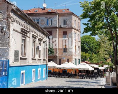 The famous bohemian cobbled Skadarlija street with cafes and restaurants in the city of Belgrade, Serbia. August 9, 2023.. Stock Photo