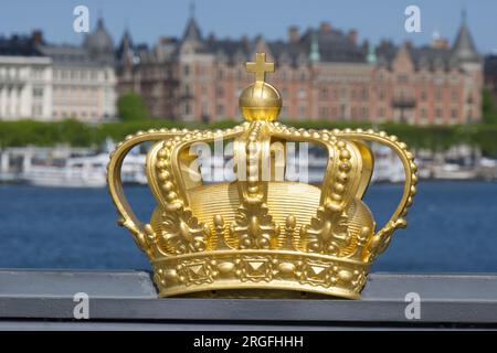 Golden crown on the bridge to Skeppsholmen Stockholm, Sweden Stock Photo