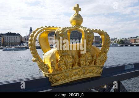 Golden crown on the bridge to Skeppsholmen Stockholm, Sweden Stock Photo