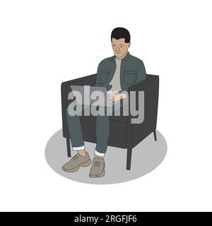 Man sitting on couch at home using laptop, coloring line art minimal illustration Stock Vector