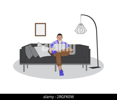 Man sitting on couch at home using laptop, coloring line art minimal illustration Stock Vector