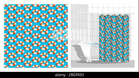 Bathroom interior with bathtub and curtain decorated seamless pattern with red white life buoy on blue sea waves. Vector illustration, ornament for de Stock Vector