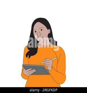 Young user business woman using touchscreen pc tablet standing in modern office. colorful line art illustration Stock Vector