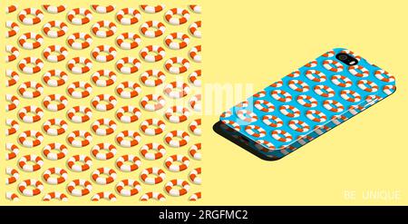 Modern smartphone in unique case decorated seamless pattern with red white life buoy on blue sea waves. Isometric top view. Vector ornament for design Stock Vector