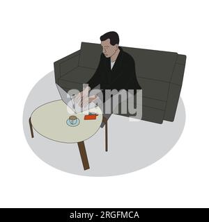 Man sitting on couch at home using laptop, coloring line art minimal illustration Stock Vector