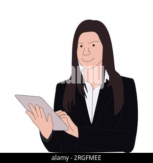 Young user business woman using touchscreen pc tablet standing in modern office. colorful line art illustration Stock Vector