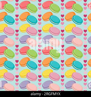Vector seamless pattern with colorful macaroon cookies, french biscuits, hearts Stock Vector