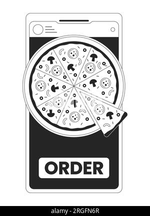 Order pizza by smartphone bw concept vector spot illustration Stock Vector