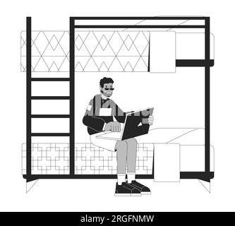 Black student sitting on bunkbed with laptop flat line black white vector character Stock Vector