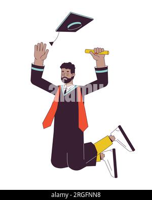 Jumping male student in graduation gown flat line color vector character Stock Vector