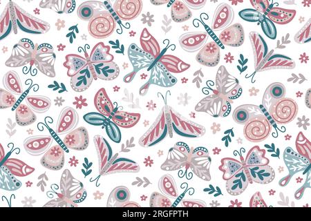 Butterflies, flowers, foliage and herbs seamless pattern. Hand drawn botanical beautiful background. Feminine floral print with moths for textiles Stock Vector