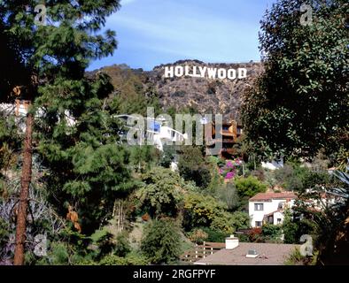 LOS ANGELES, USA - JUNE 14 , 2019: Hollywood sign seen from a quiet residential area below the most famous hill of Los Angeles. Stock Photo