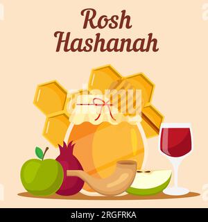 vector flat design rosh hashanah illustration with apple, pomegranate, and honey Stock Vector