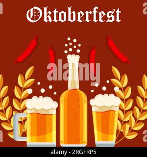 flat oktoberfest festival illustration with two glasses of beer, bottle, and sausage Stock Vector