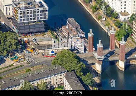 Aerial view, ships White Fleet at the Swan Gate Bridge, Inner Harbour, construction site at Unterstraße, Kaßlerfeld, Duisburg, Ruhr Area, North Rhine- Stock Photo