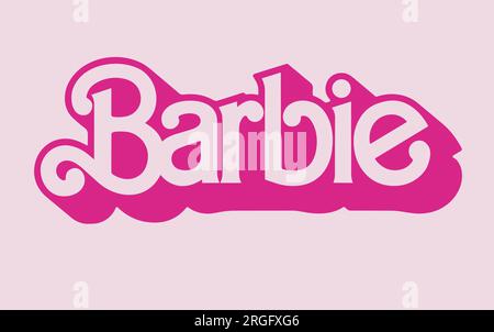 Barbie outline logo isolated on a pink background. Vector illustration. A movie from Warner Bros starring Margot Robbie and Ken Ryan Gosling only in T Stock Vector