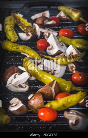 Freshly grilled vegetables in a grill pan on the grill. Italian antipasti. Vertical. Stock Photo