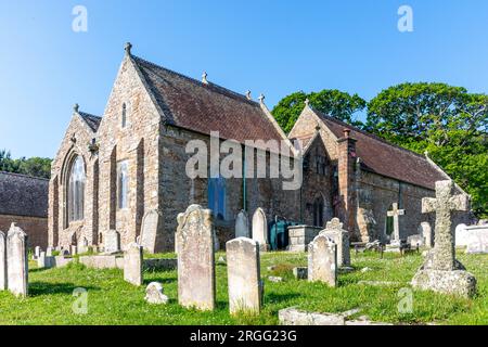 12th century Saint Brélade's Church, Saint Brélade's Bay Beach, St Brélade Parish, Jersey, Channel Islands Stock Photo