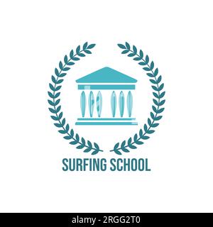 Surfing school vintage emblem, badge, label or logo vector illustration. Vintage surfing logo, emblem, badge, label, mark. International surfing day c Stock Vector