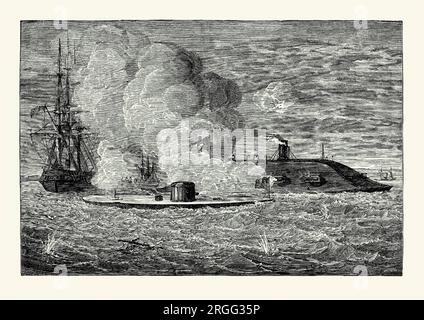 An old engraving of the naval battle between the USS Monitor (centre) and the CSS Merrimack (or Virginia – right) on March 9 1862, during the American Civil War. It is from an American history book of 1895. This confrontation took place at The Battle of Hampton Roads, Virginia, USA, (also known as the ‘Battle of the Monitor and Merrimack’ or ‘Battle of Ironclads’). The Merrimack (or the ‘Merrimac’ was built from remnants of steam frigate USS Merrimack and renamed by the Confederacy as the ‘CSS Virginia’). The two ironclads fought for about three hours but the duel ended indecisively. Stock Photo