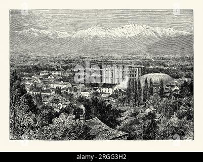 An old engraving of Salt Lake City, Utah, USA in the late 1800s. It is from an American history book of 1895. Salt Lake City is the capital and most populous city of Utah. Salt Lake City was founded in 1847 by early pioneer settlers led by Brigham Young who were seeking to escape persecution they had experienced while living farther east. Centre is Salt Lake Utah Temple, home to The Church of Jesus Christ of Latter-day Saints, located at Temple Square, and opened in 1893. Right is domed The Salt Lake Tabernacle, also known as the Mormon Tabernacle. Stock Photo