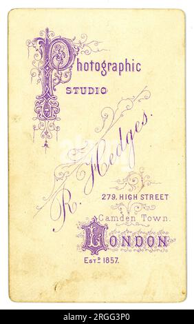 Reverse of ornate original British Victorian CDV (carte de visite or visiting card)  Photographic Studio of R. Hedges, Camden Town, London, circa 1878 Stock Photo