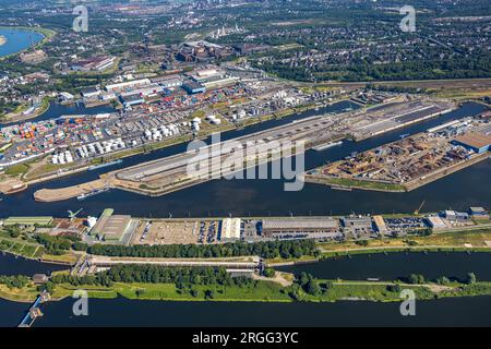 Aerial view, Duisburg harbor, oil island, coal island, scrap island, Ruhrort, Duisburg, Ruhr area, North Rhine-Westphalia, Germany Stock Photo