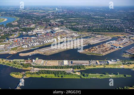 Aerial view, Duisburg harbor, oil island, coal island, scrap island, Ruhrort, Duisburg, Ruhr area, North Rhine-Westphalia, Germany Stock Photo