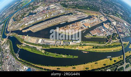 Aerial view, Duisburg harbor, oil island, coal island, scrap island, globe, fisheye shot, fisheye shot, 360 degree shot, Ruhrort, Duisburg, Ruhr area, Stock Photo