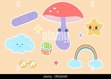 groovy set stickers clip art. Vector illustration flat on white isolated background Stock Vector