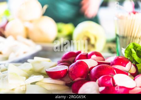 Beetroot and other vegetables cut into small pieces as a raw vegetable platter Stock Photo