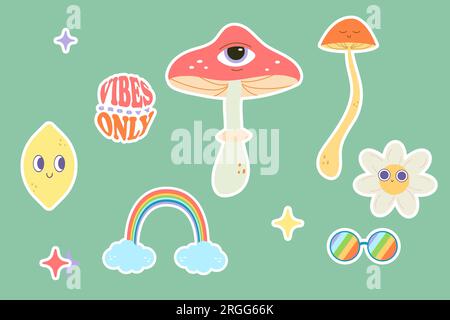 groovy set stickers clip art. Vector illustration flat on white isolated background Stock Vector