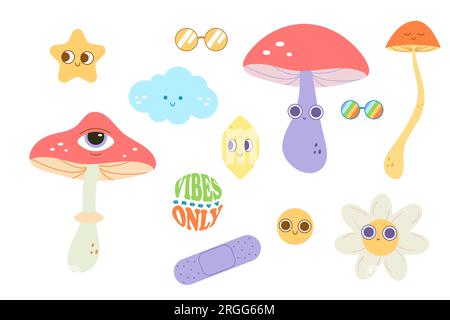 groovy set stickers clip art. Vector illustration flat on white isolated background Stock Vector