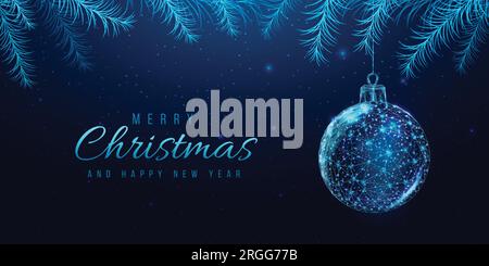 Wireframe Christmas ball and Christmas tree branches, low poly style. New Year banner. Abstract modern 3d vector illustration on blue background Stock Vector