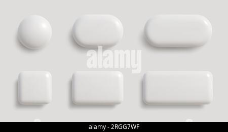 White monochrome 3D button set in different shapes. Blank glossy round, square and rectangle badges. Vector illustration Stock Vector