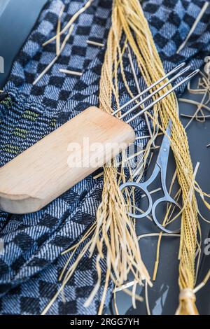Various materials, sisal, raffia, cords, for making table, wall and window decorations Stock Photo